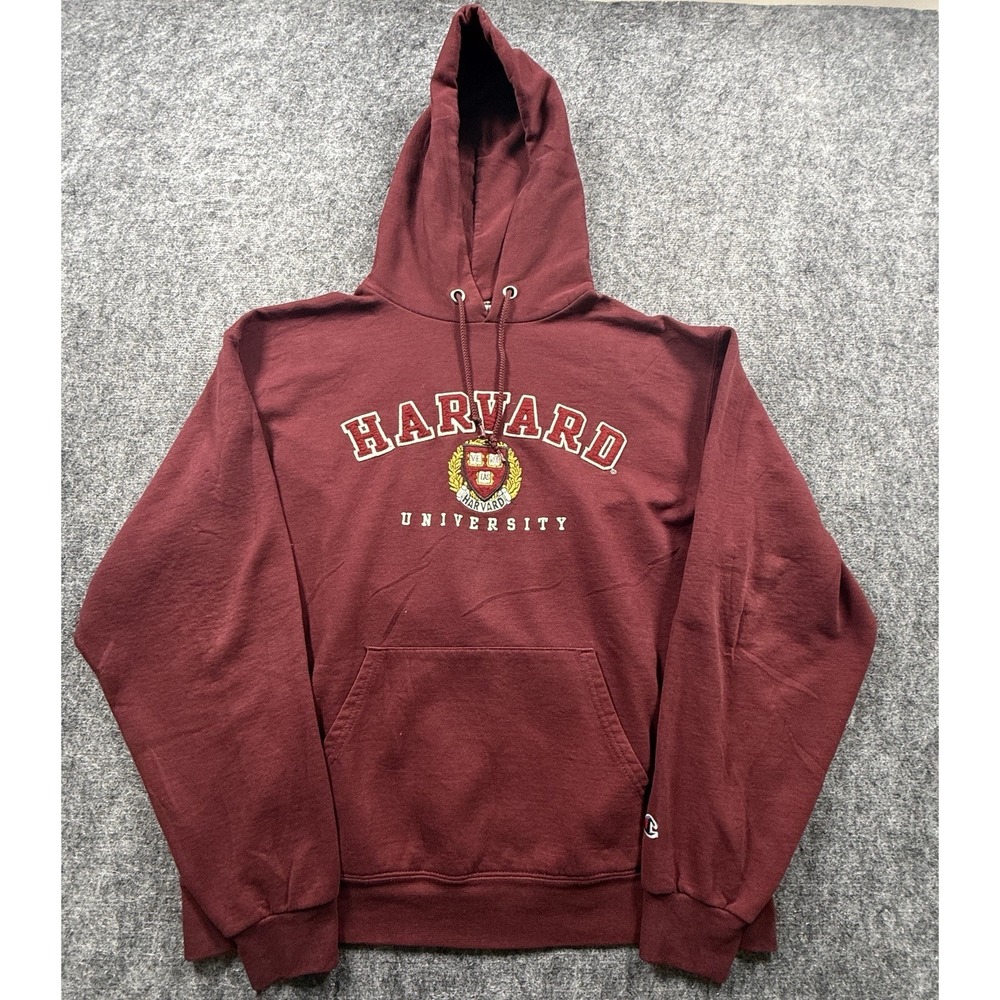 Champion Harvard Hoodie Mens L Burgundy Chenille Crest Pullover Sweatshirt 2000s